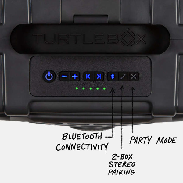 close up detail view of the top of a TurtleBox Gen 3 Gray Portable Speaker
