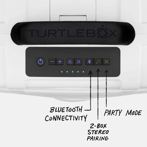 detail shot of top buttons on TurtleBox Gen 3 White Portable Speaker