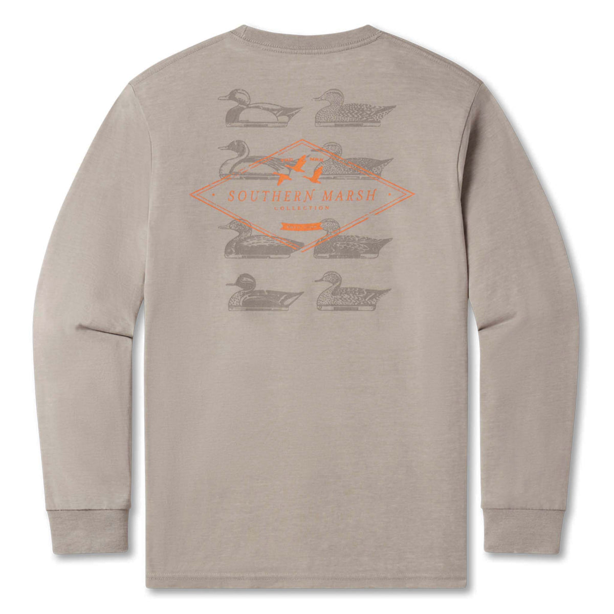 Light grey long-sleeve shirt with duck graphics and 'Southern Marsh' logo on a white background