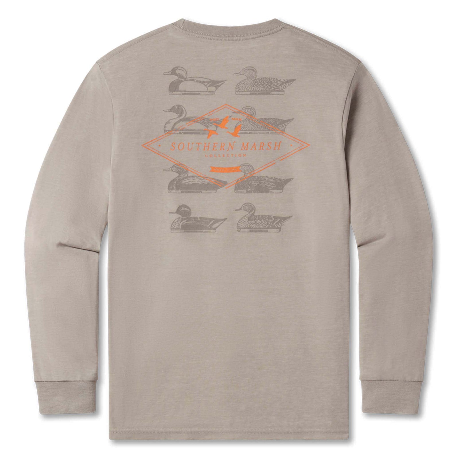 Light grey long-sleeve shirt with duck graphics and 'Southern Marsh' logo on a white background