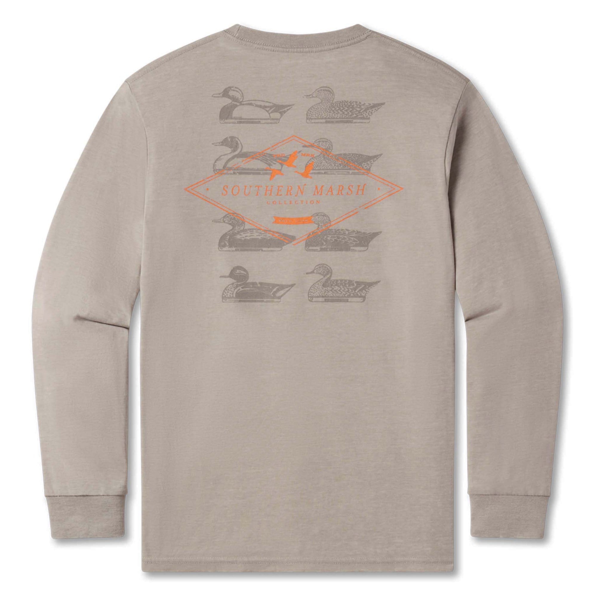 Light grey long-sleeve shirt with duck graphics and 'Southern Marsh' logo on a white background