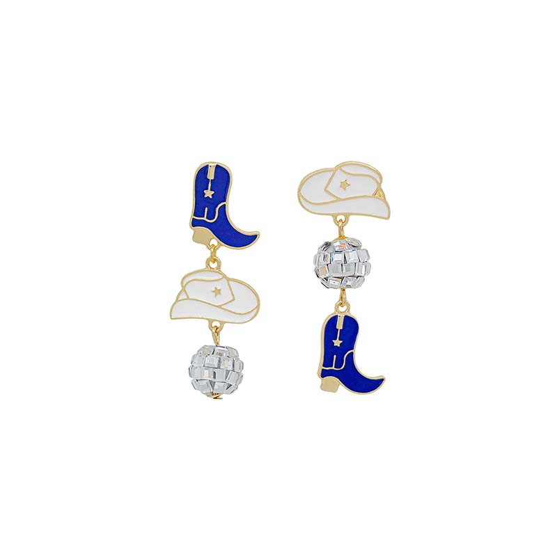 Collegiate Cowboy Boots and Disco Ball Earrings in Blue