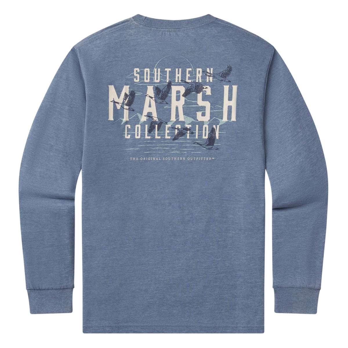 Blue long-sleeve shirt with 'Southern Marsh Collection' text on a white background
