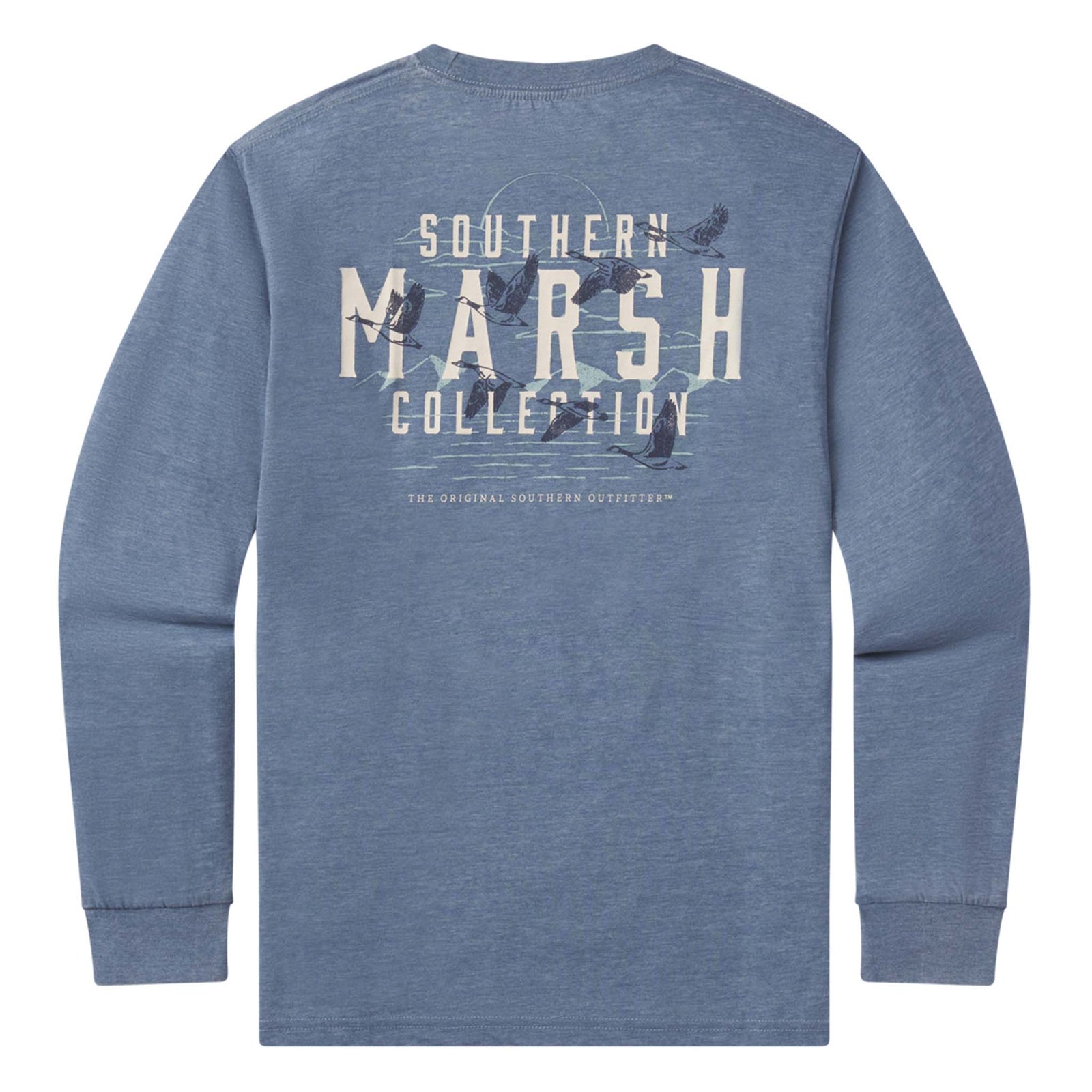 Blue long-sleeve shirt with 'Southern Marsh Collection' text on a white background
