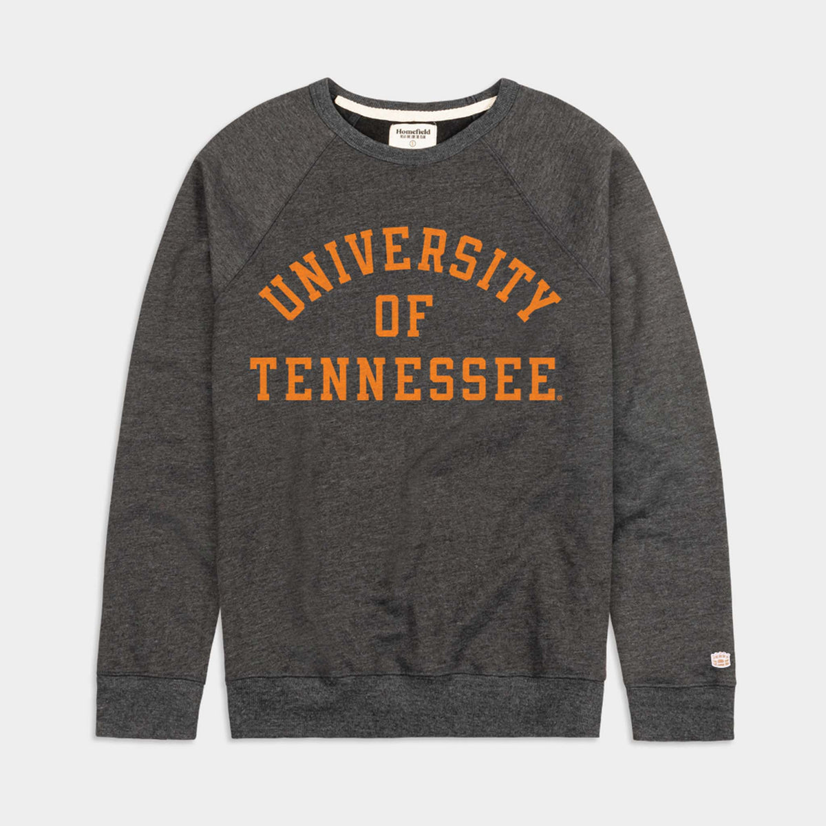 Dark grey University of Tennessee crewneck sweatshirt with orange collegiate lettering across chest.