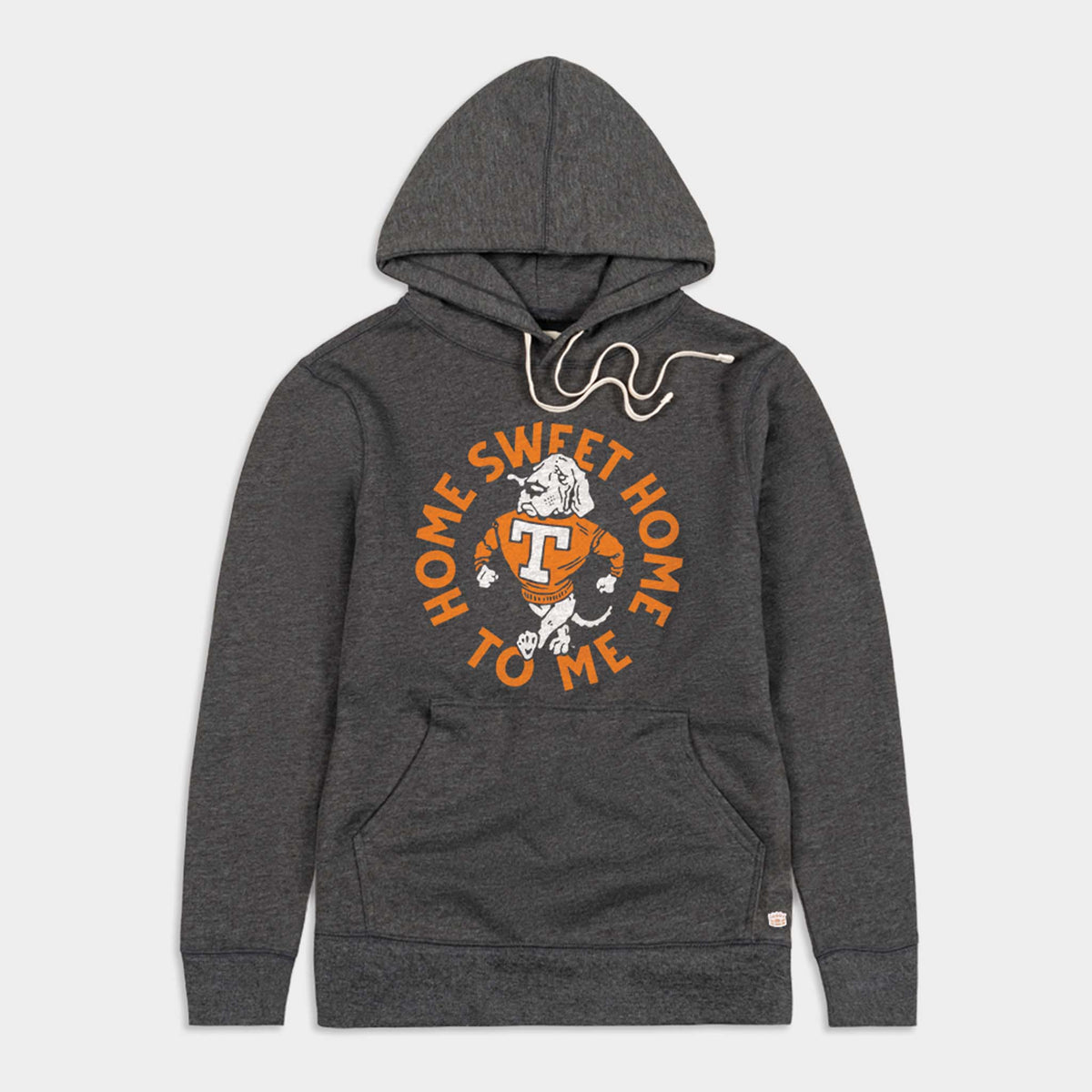 Charcoal grey Tennessee Vols hoodie with Smokey mascot and “Home Sweet Home to Me” graphic in orange and white.