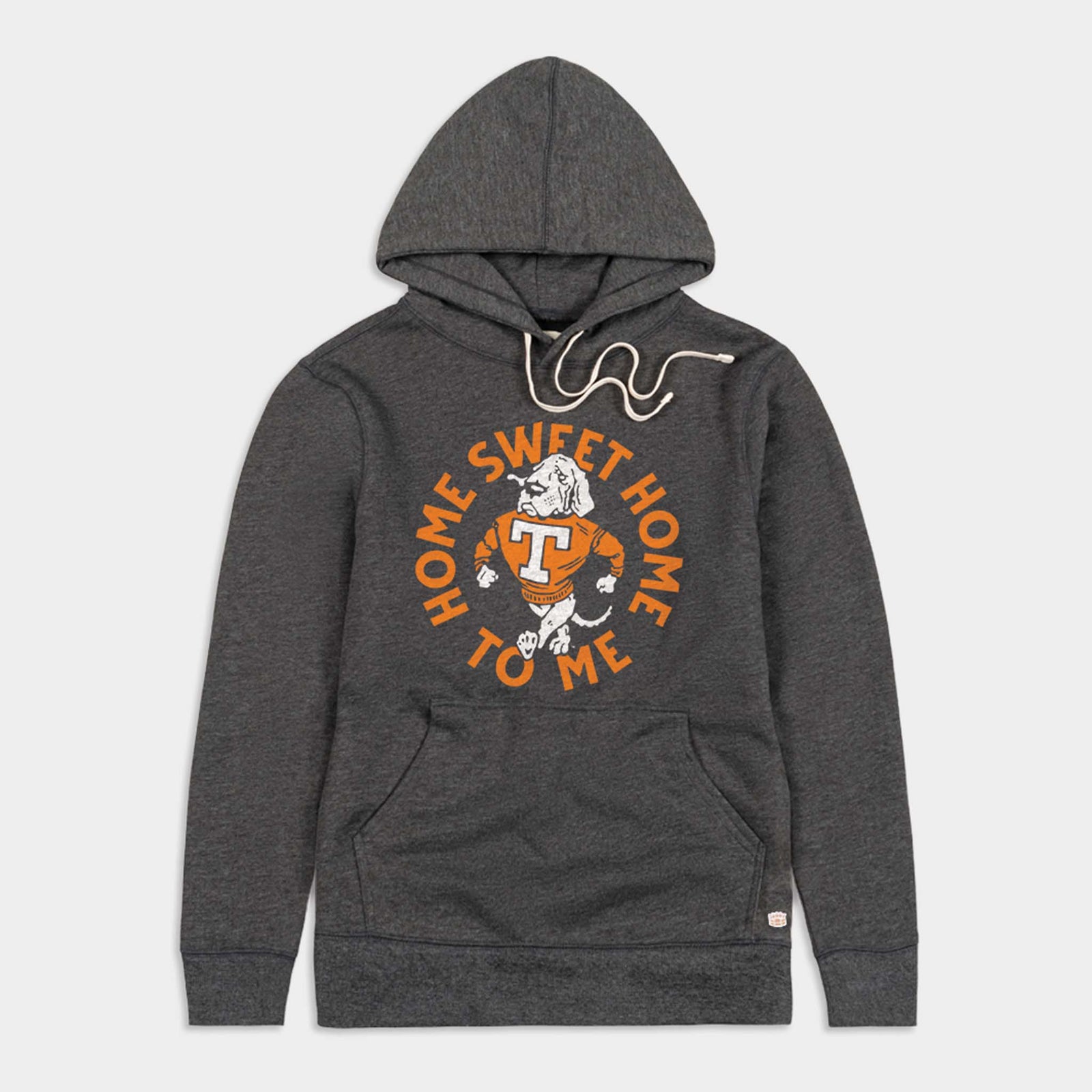 Charcoal grey Tennessee Vols hoodie with Smokey mascot and “Home Sweet Home to Me” graphic in orange and white.