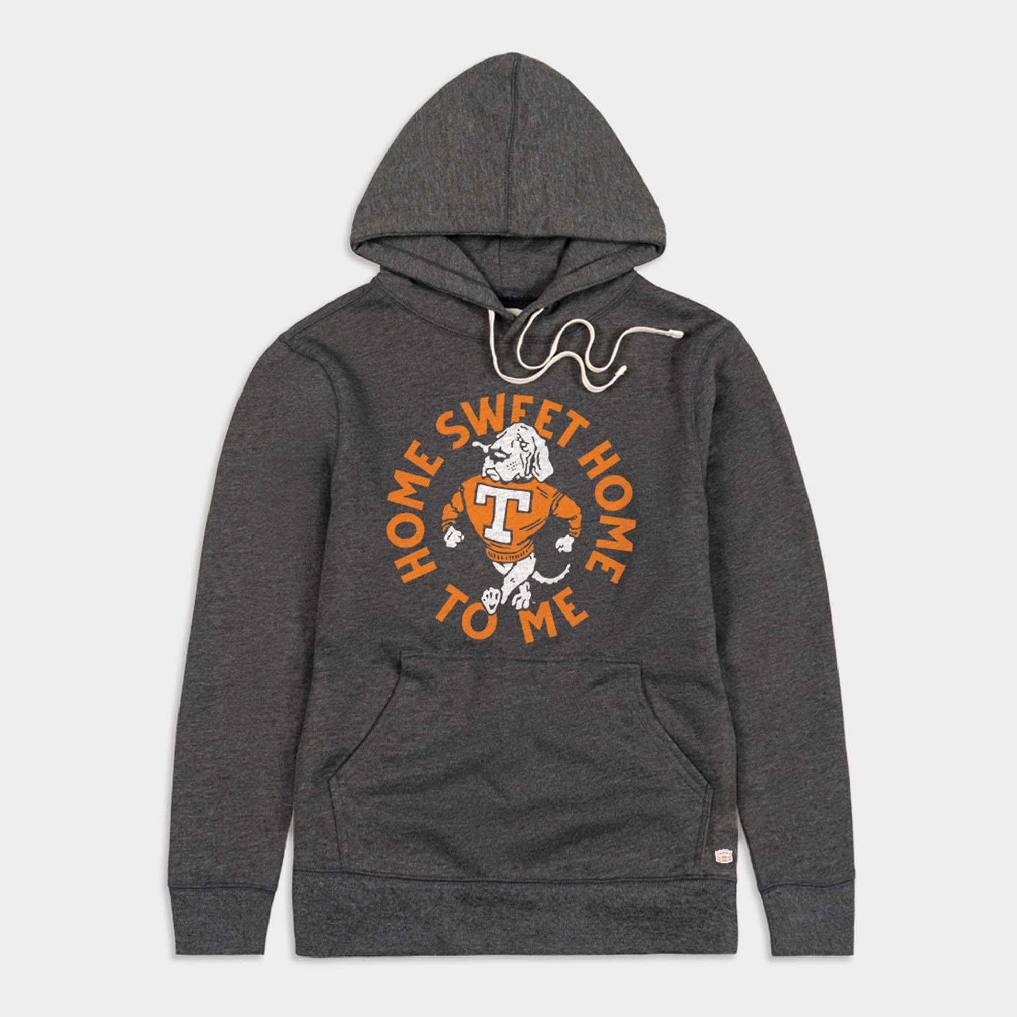 Charcoal grey Tennessee Vols hoodie with Smokey mascot and “Home Sweet Home to Me” graphic in orange and white.