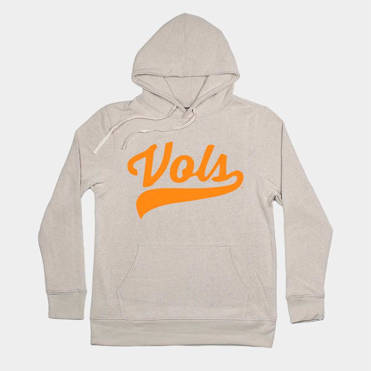 Oatmeal Tennessee Vols hoodie with bold orange “Vols” script across the chest.