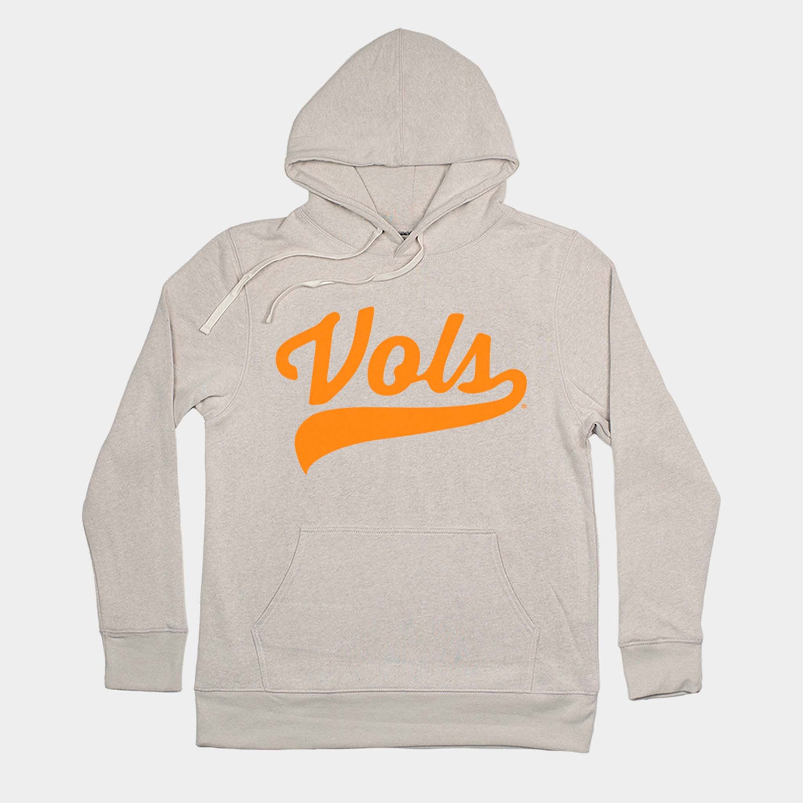 Oatmeal Tennessee Vols hoodie with bold orange “Vols” script across the chest.