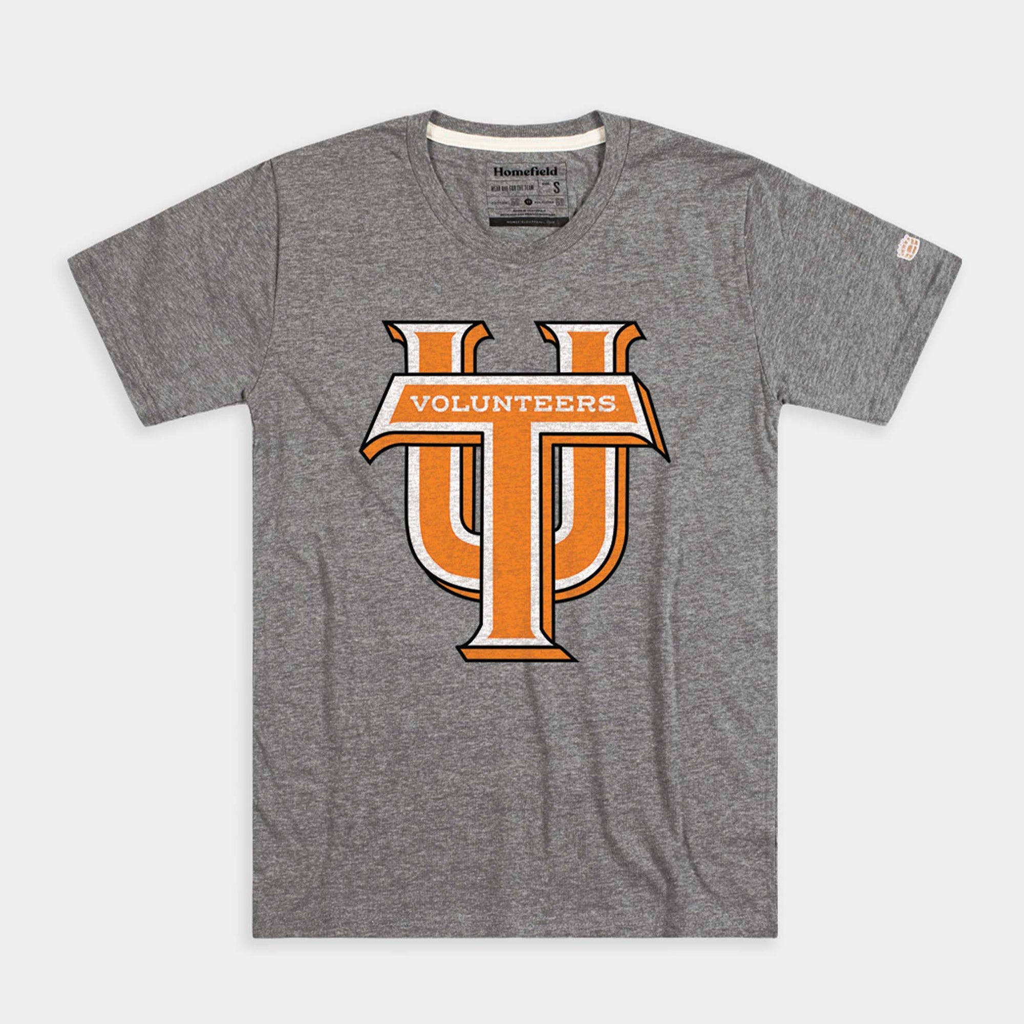 Grey Tennessee Volunteers t-shirt with large orange and white UT Volunteers logo on front.