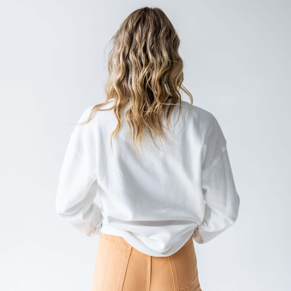 Back view of white Tennessee Mascot Chenille Patch Crewneck Sweatshirt with plain design.