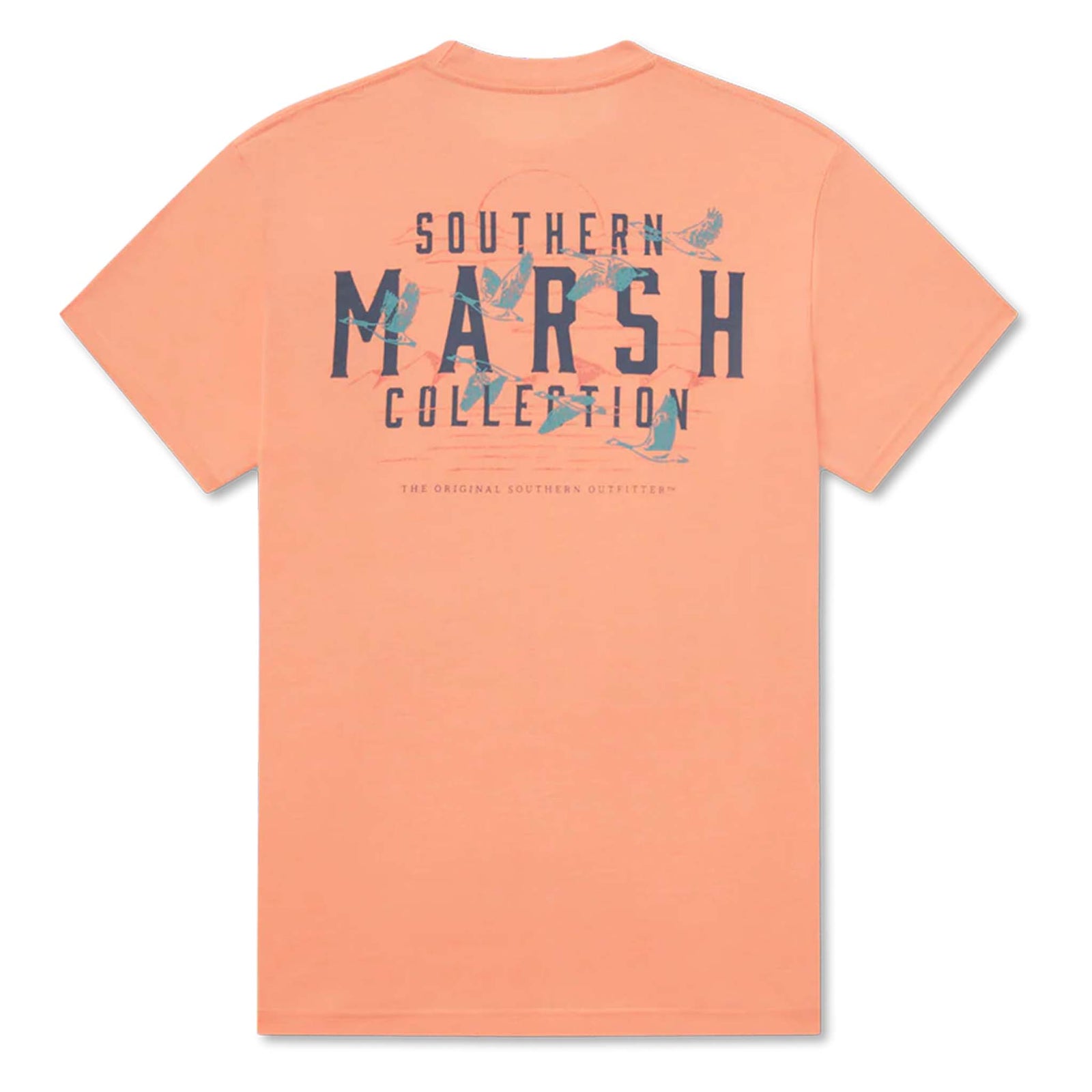Peach-colored t-shirt with 'Southern Marsh Collection' text on the back against a white background