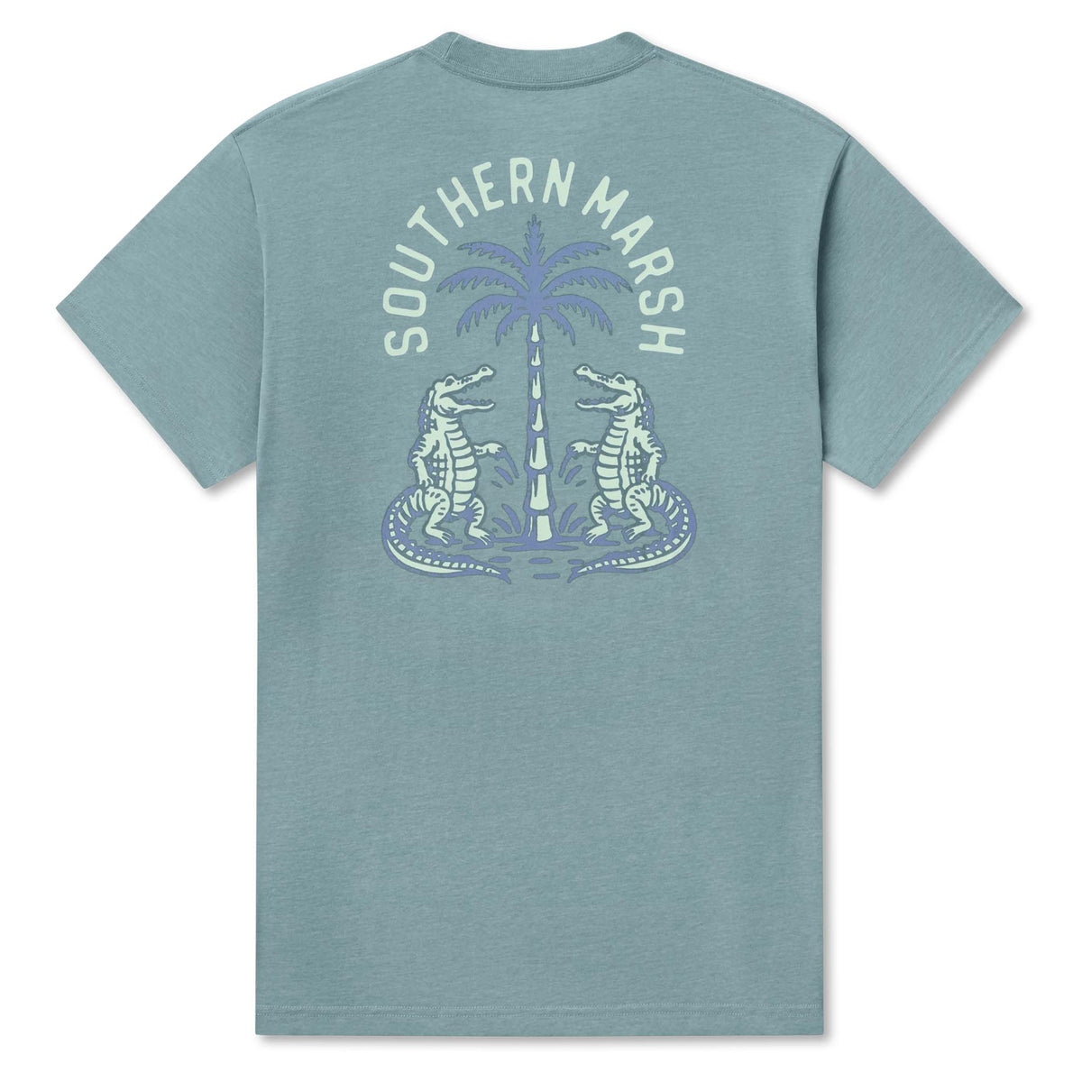 Washed green t-shirt with 'Southern Marsh' logo and alligator design on a white background