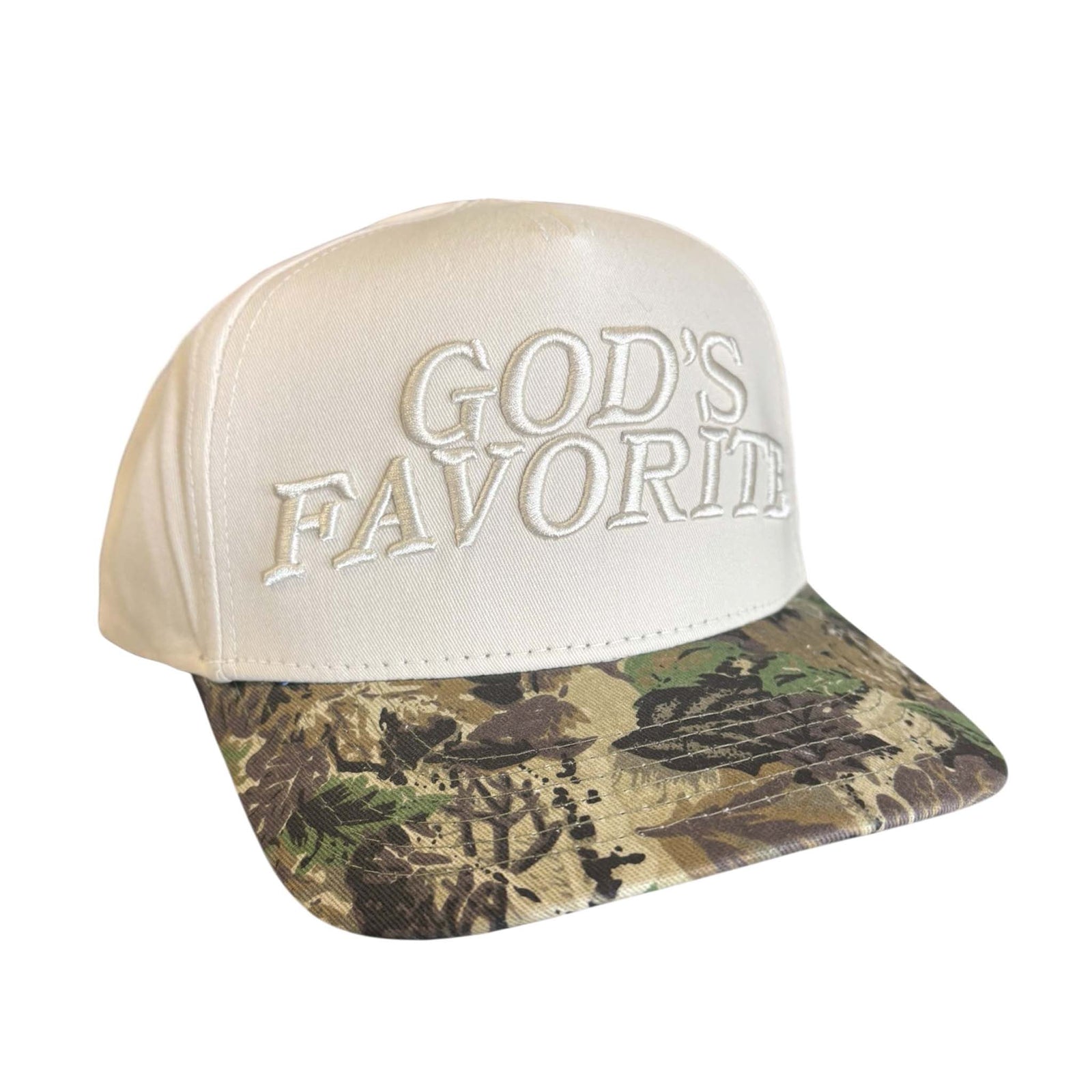 "White trucker hat with embroidered 'God’s Favorite' text and camo print bill."