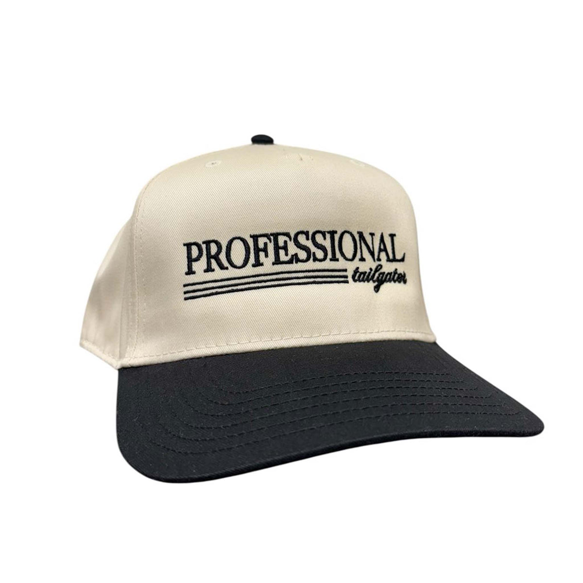 Cream and black baseball cap with embroidered “Professional Tailgater” text on front.