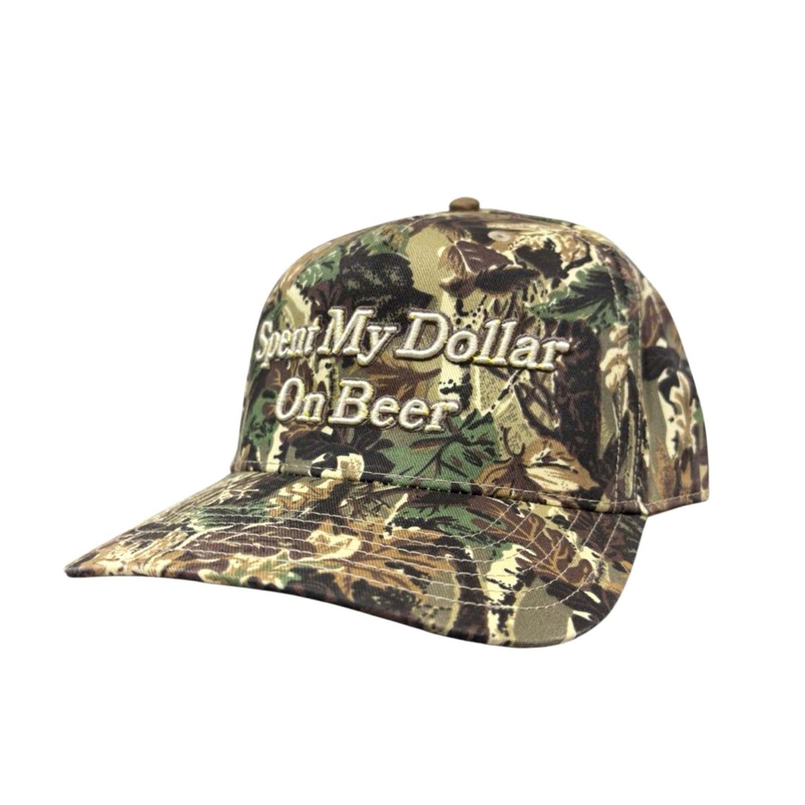 Camo baseball cap with embroidered “Spent My Dollar On Beer” text on front.