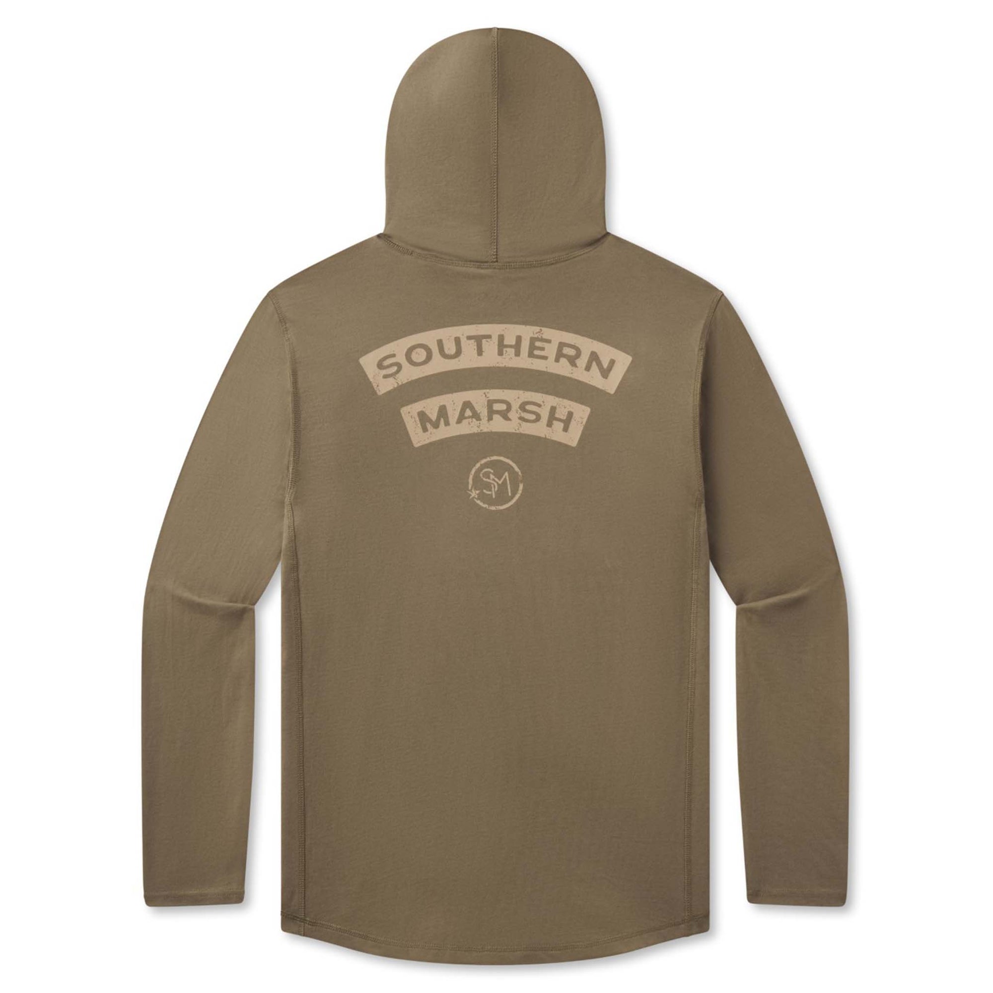 Back of moss green hooded long sleeve shirt with arched “Southern Marsh” text and SM logo printed in beige.