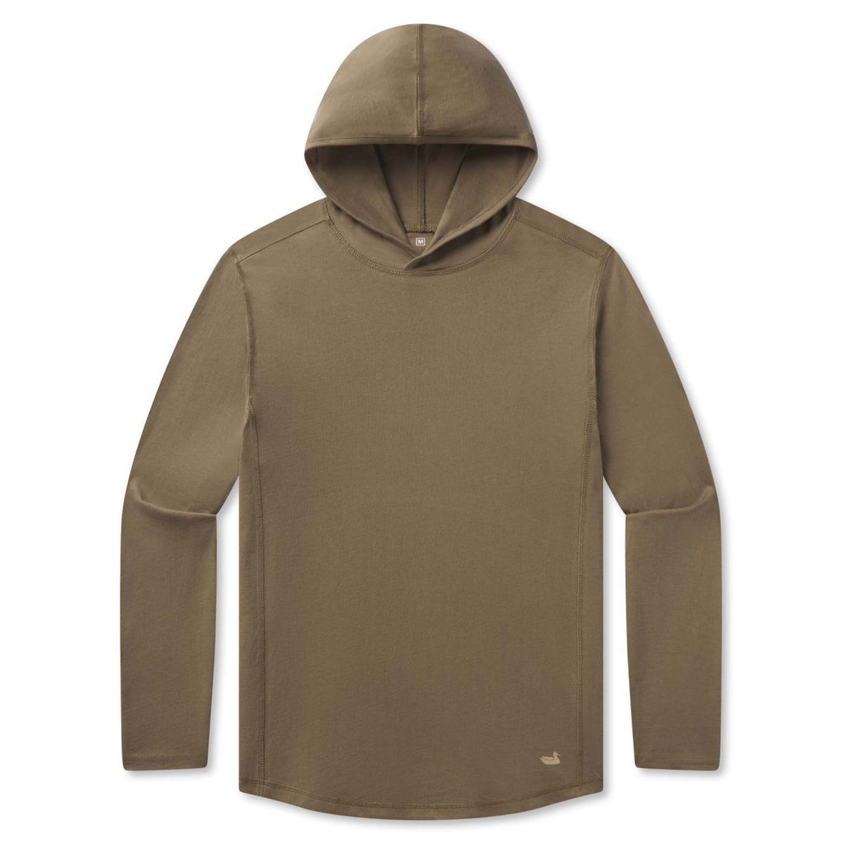 Front of plain moss green hooded long sleeve shirt with small beige duck logo near the bottom hem.