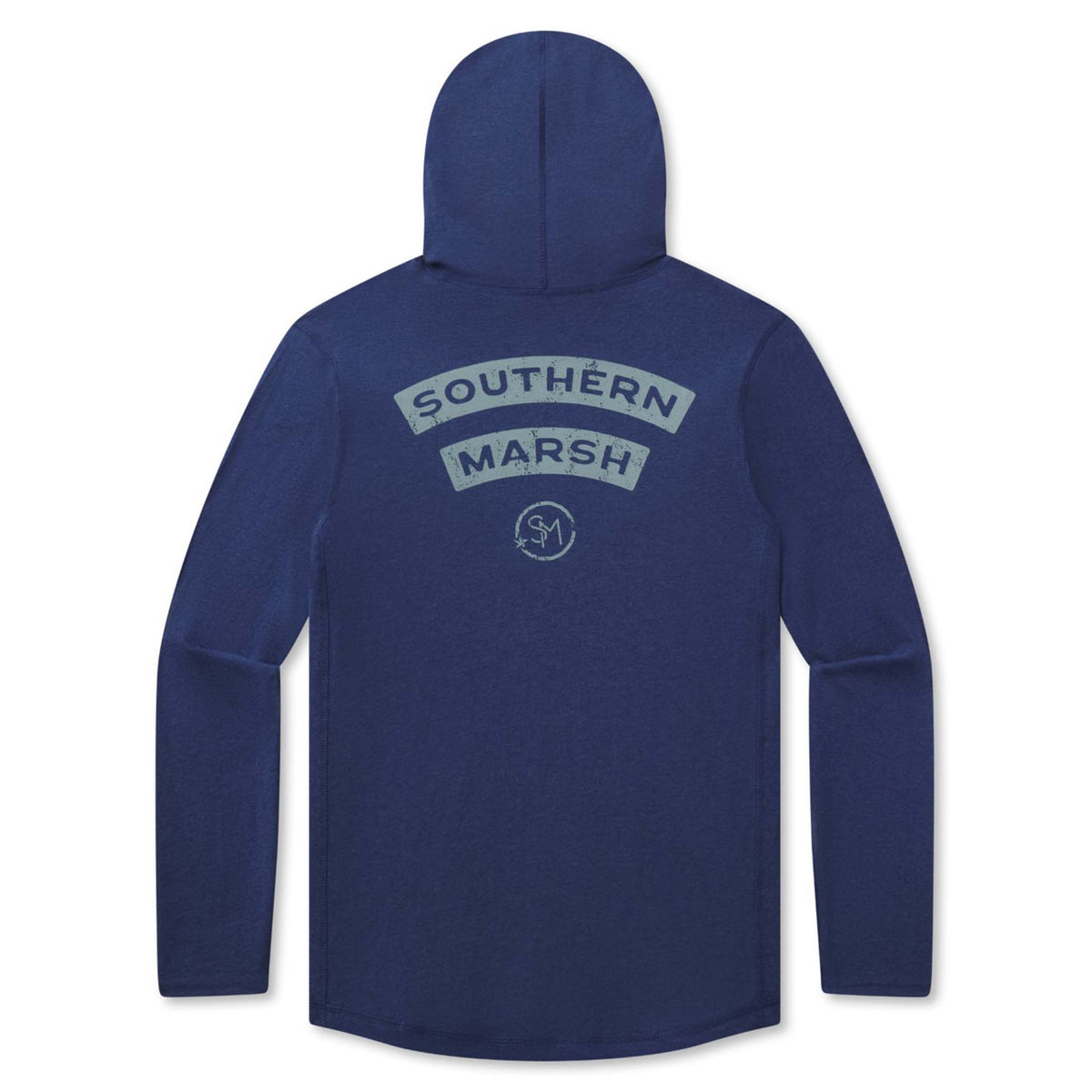 Back of washed navy hooded long sleeve shirt with arched “Southern Marsh” text and SM logo printed in light blue.