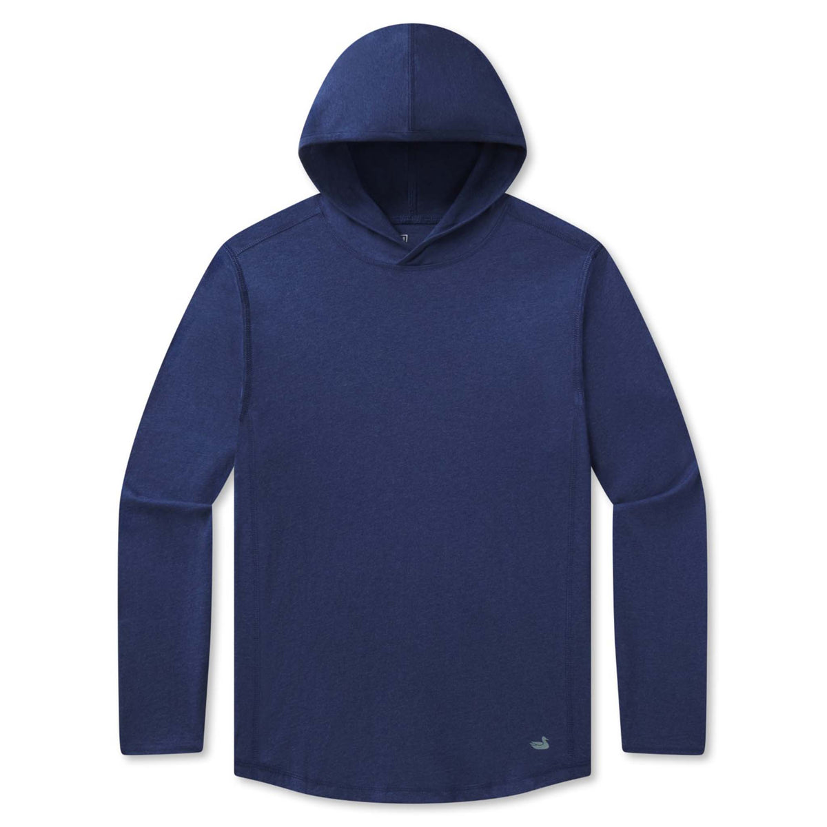 Front of plain washed navy hooded long sleeve shirt with small light blue duck logo near the bottom hem.