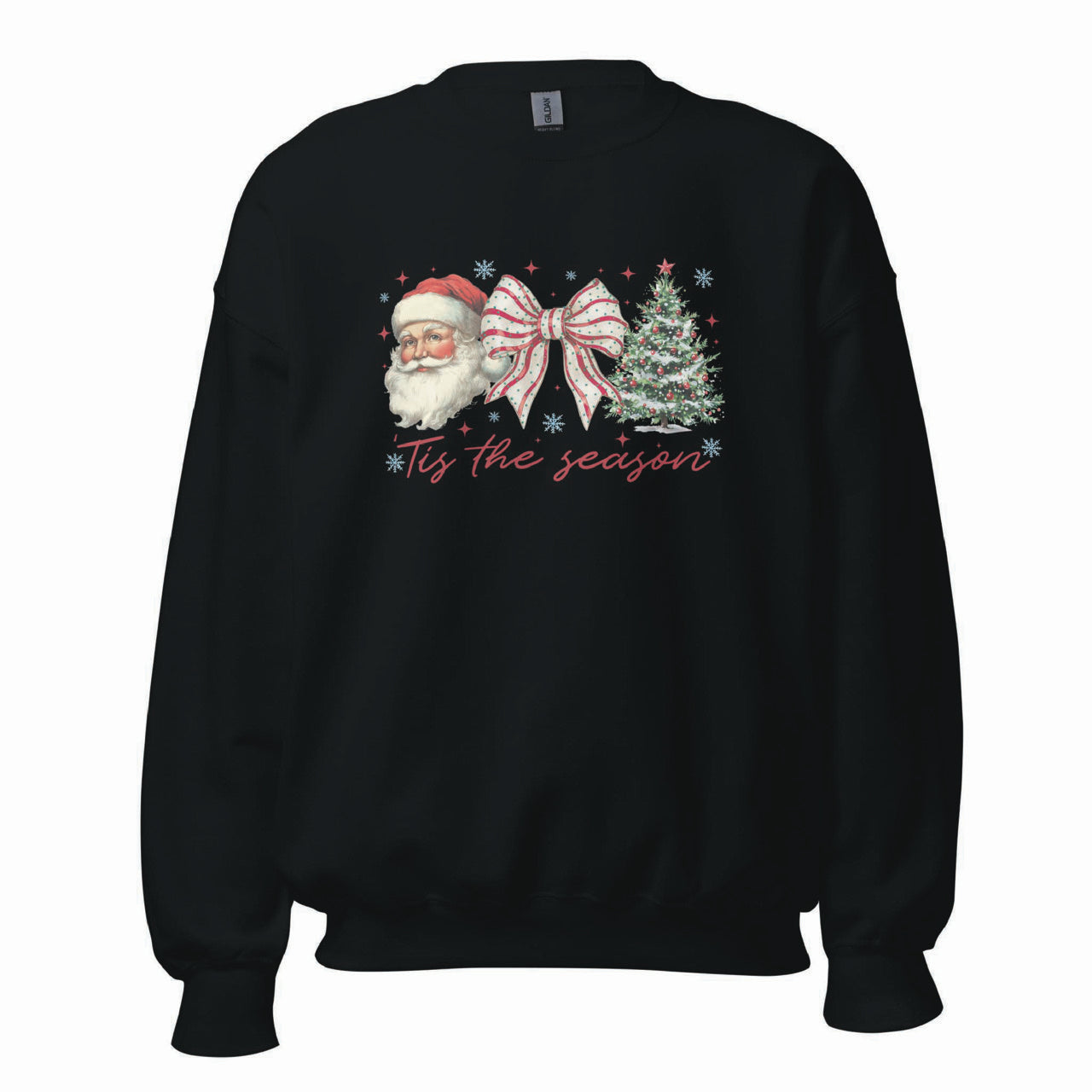 Black crewneck sweatshirt with vintage Santa, pink bow, Christmas tree, and “‘Tis the season” text in pink script.