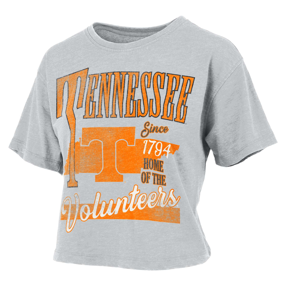 Gray cropped Tennessee Volunteers t-shirt with large orange "Tennessee" text, Power T logo, and "Since 1794 Home of the Volunteers" graphic design.