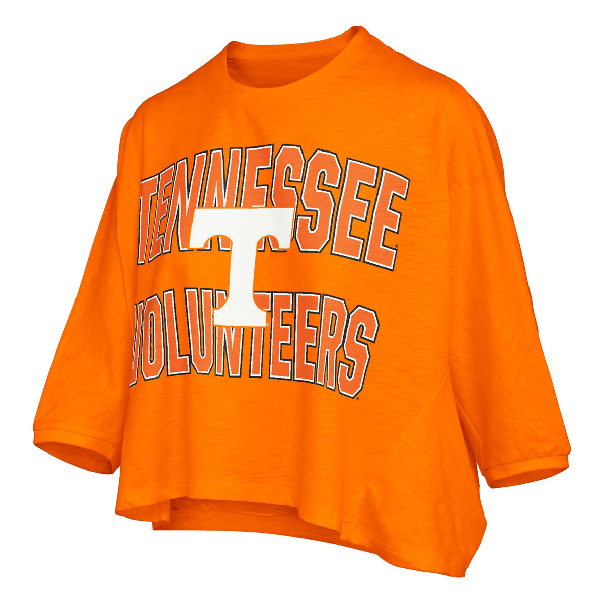 Bright Tennessee orange cropped tee with bold "Tennessee Volunteers" text and large white "T" logo in the center.
