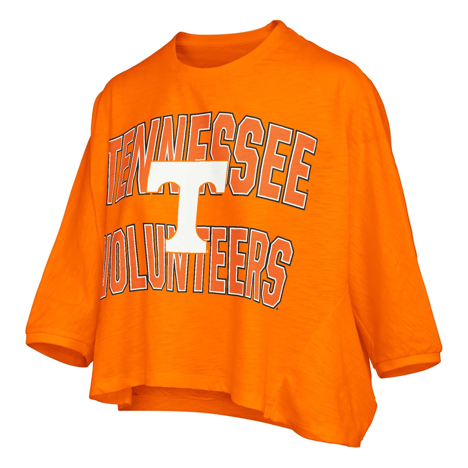 Bright Tennessee orange cropped tee with bold "Tennessee Volunteers" text and large white "T" logo in the center.