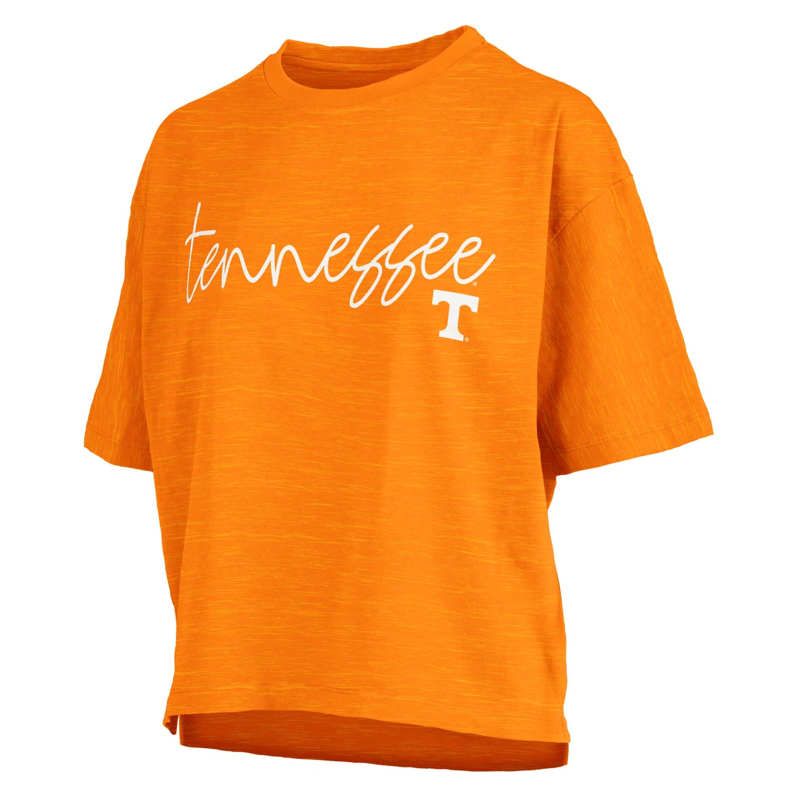 Tennessee orange cropped t-shirt with script "tennessee" text and small white "T" logo on the left side of the chest.