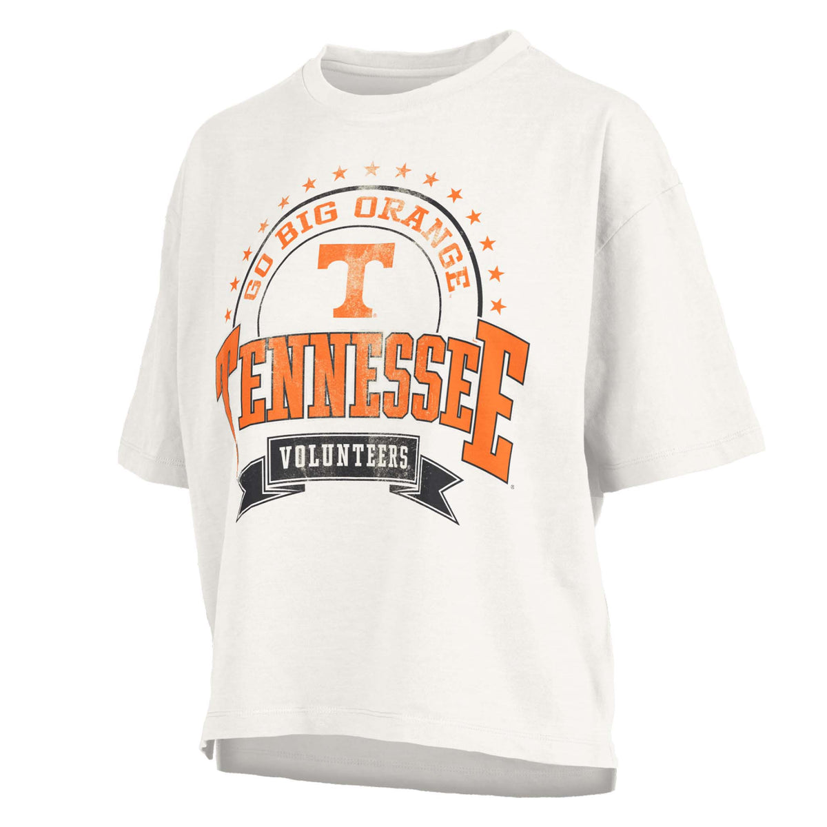White cropped Tennessee Volunteers t-shirt with bold Tennessee text, Power T logo, and “Go Big Orange Volunteers” graphic.