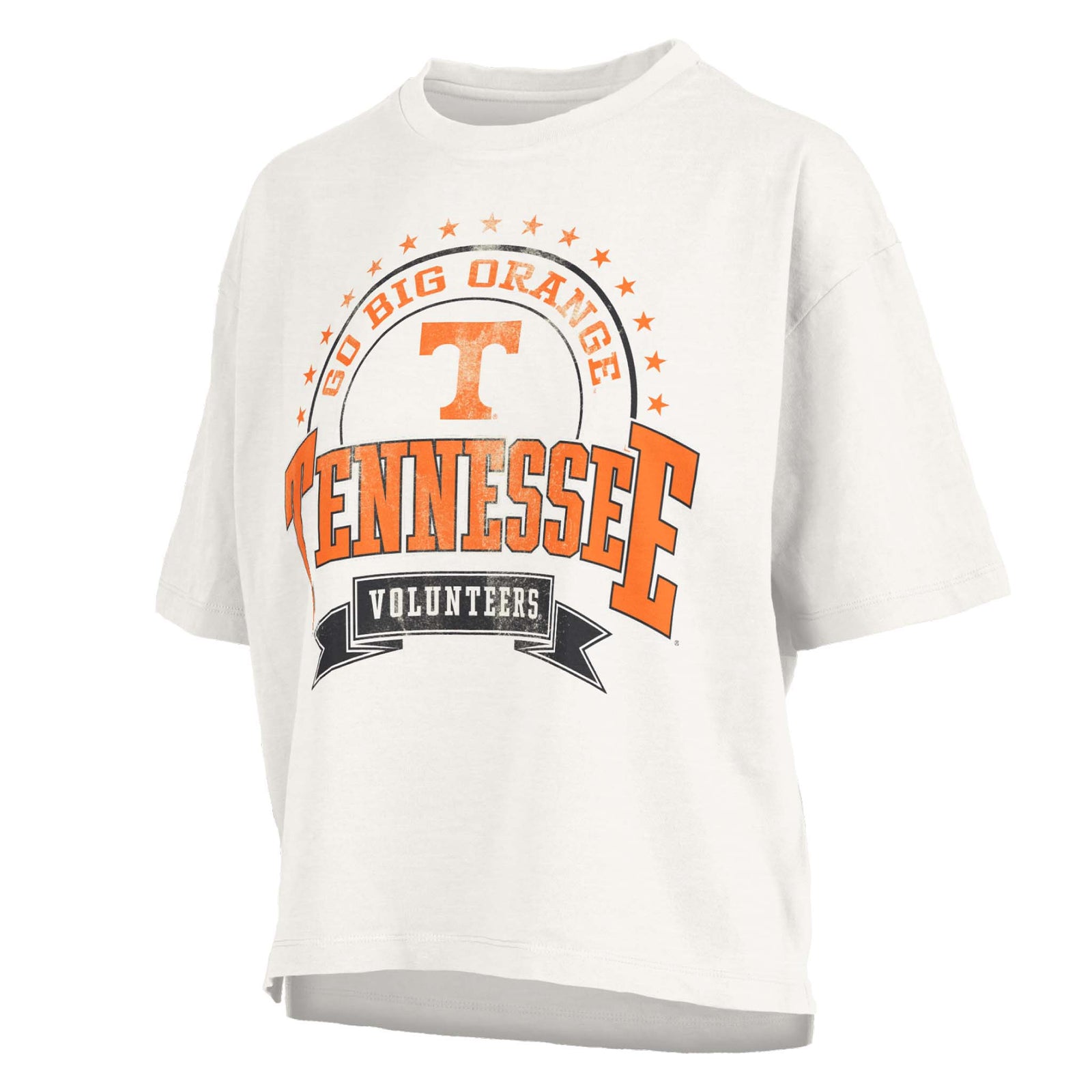 White cropped Tennessee Volunteers t-shirt with bold Tennessee text, Power T logo, and “Go Big Orange Volunteers” graphic.