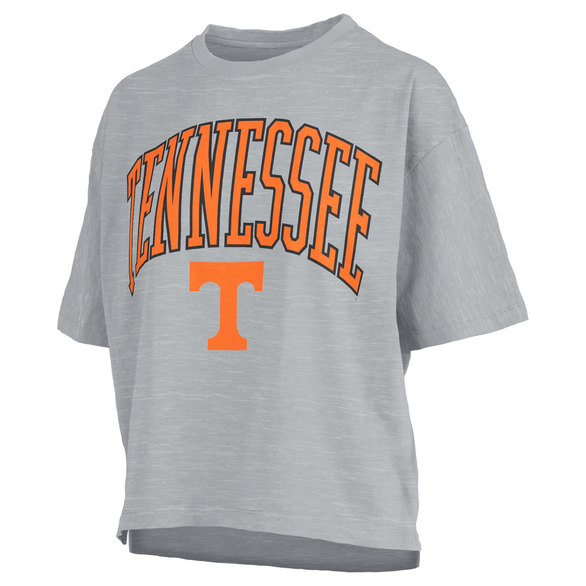 Light grey cropped t-shirt with bold arched "TENNESSEE" text and orange "T" logo in the center.