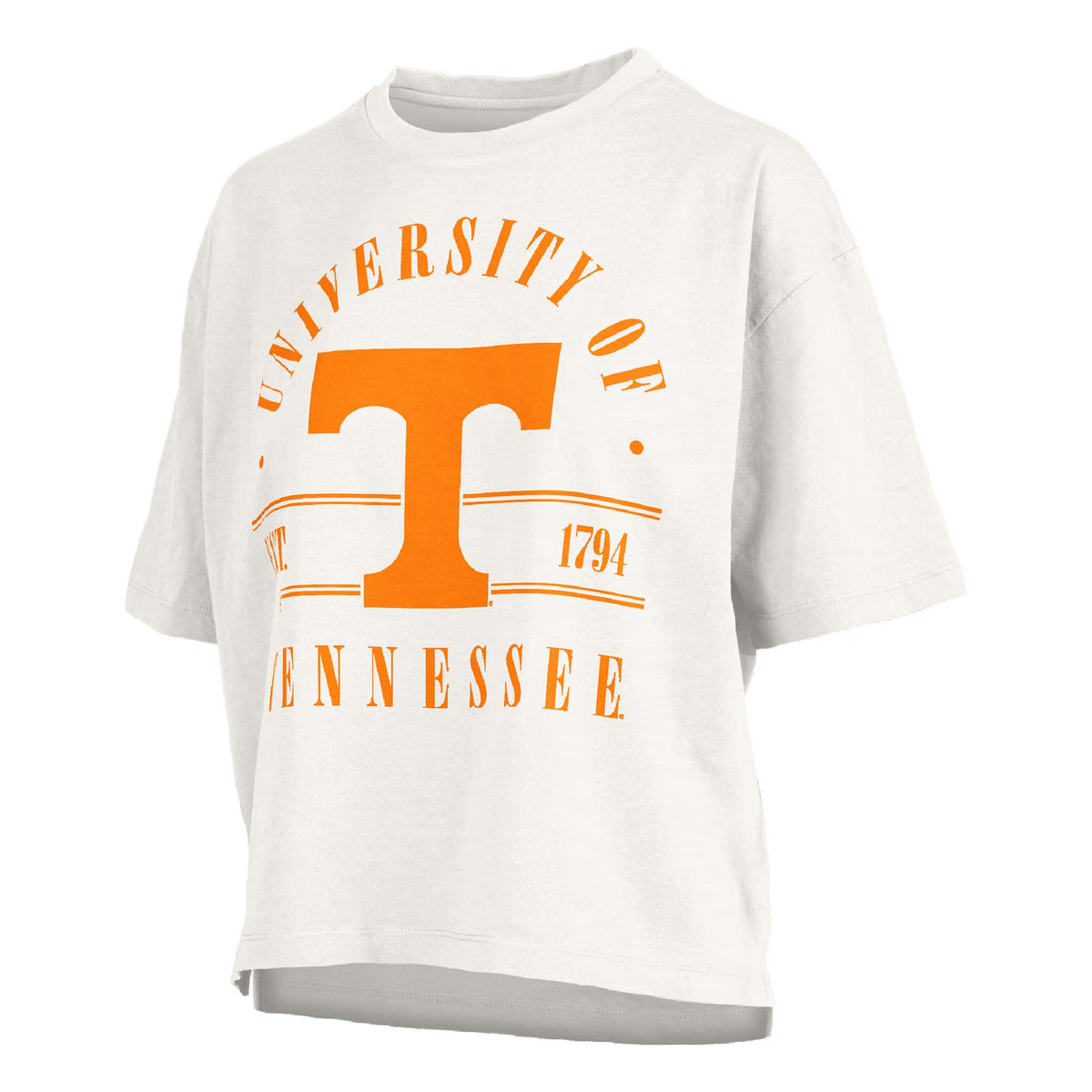 White cropped tee with "University of Tennessee Est. 1794" text and large orange "T" logo in the center.