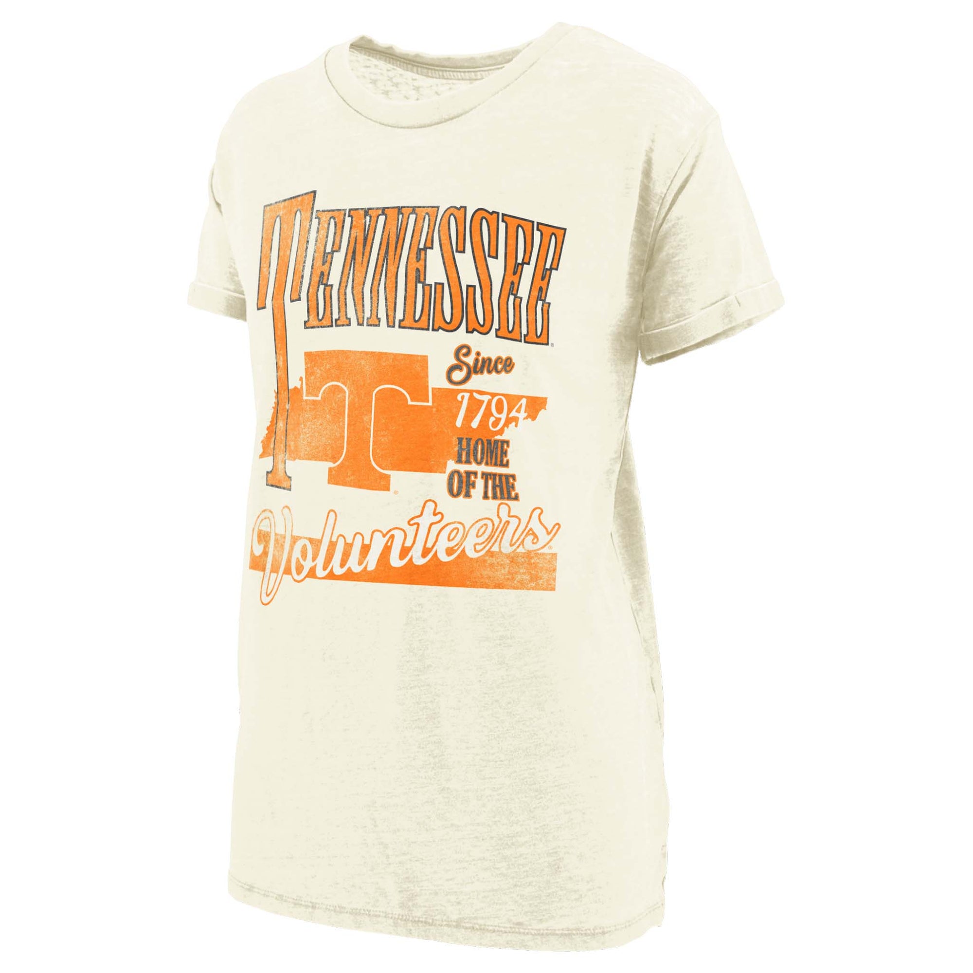 Ivory short sleeve tee with vintage "Tennessee Volunteers" text, state outline, large orange "T" logo, and "Since 1794" detail.
