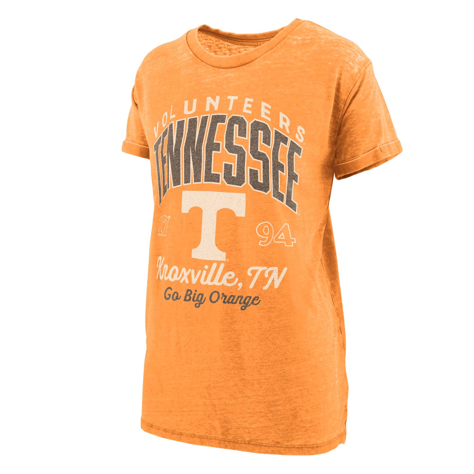 Orange Tennessee Volunteers graphic t-shirt with bold "Tennessee" text, large white Power T logo, and "Knoxville, TN Go Big Orange" design on the front.