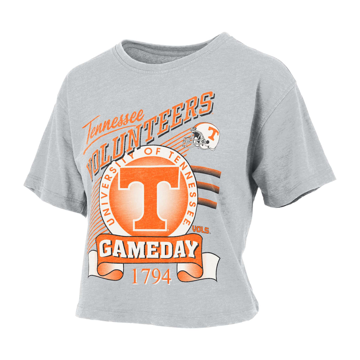 Grey cropped t-shirt with bold orange “University of Tennessee Gameday” graphic, large T logo, and football helmet design.