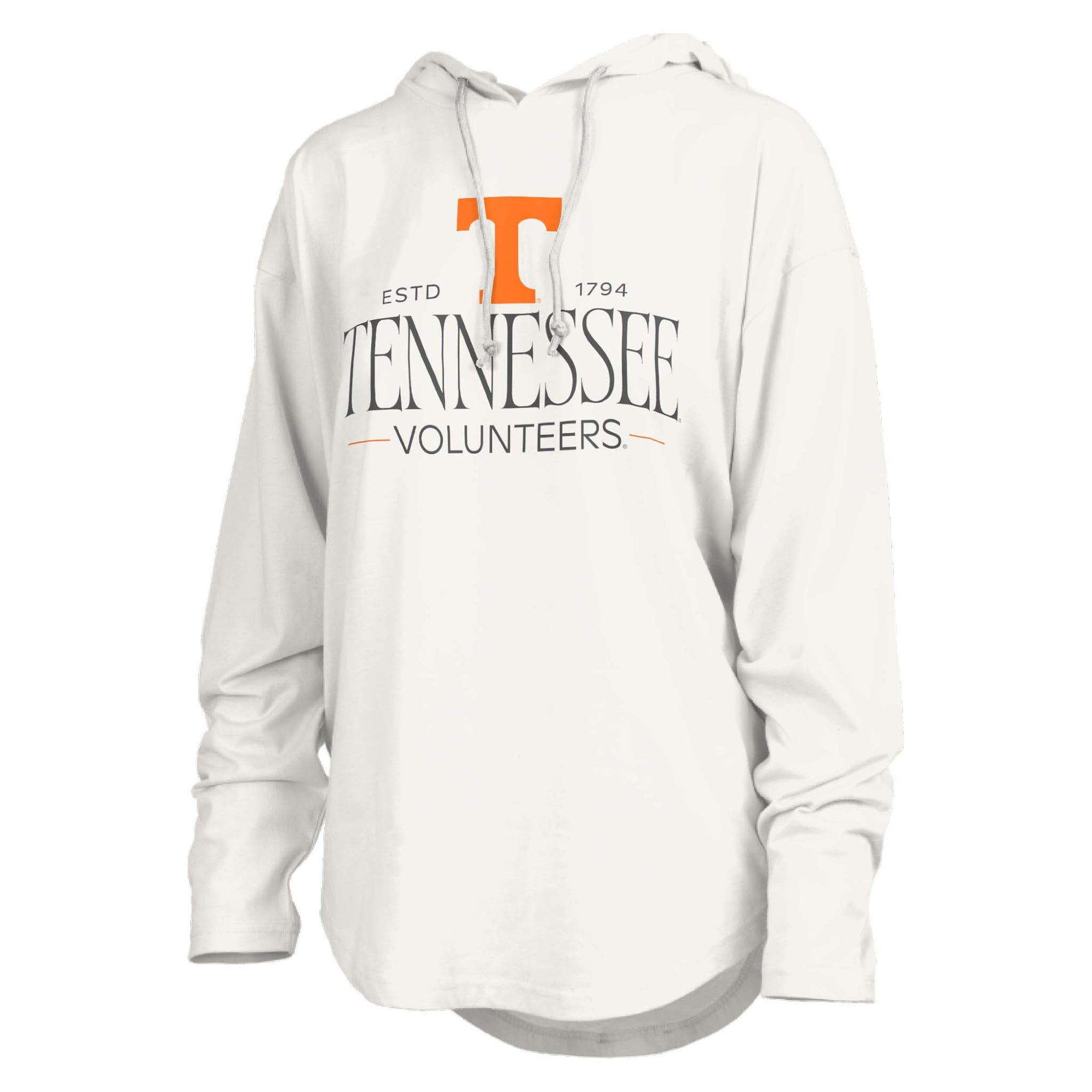 hite Tennessee Volunteers long sleeve hooded tee with orange "T" logo and black text design on front.