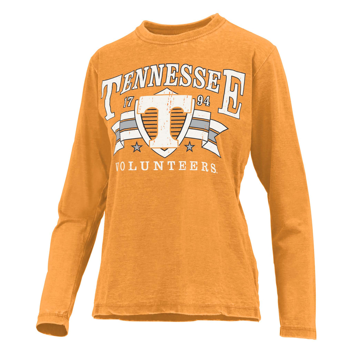Orange Tennessee Volunteers long sleeve t-shirt with shield graphic, Power T logo, "Tennessee 1794" text, and "Volunteers" printed across the front.