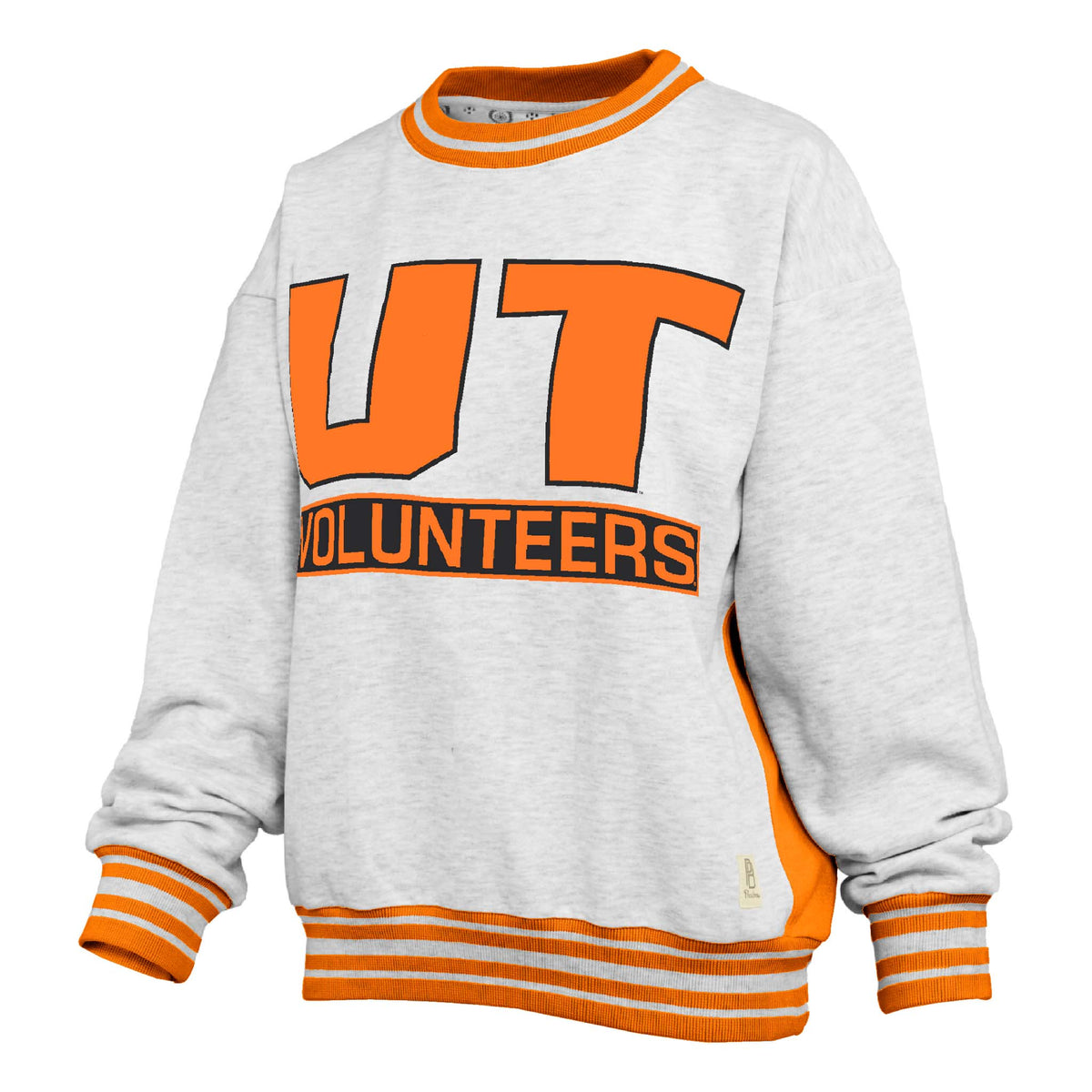 Heather gray Tennessee Volunteers crewneck sweatshirt with large orange "UT" and striped orange trim.