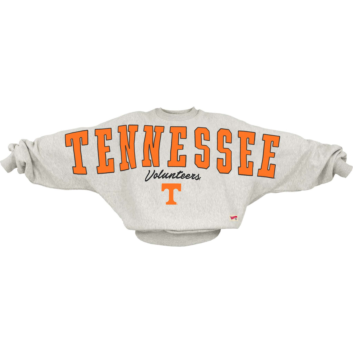 One size ash grey crewneck sweatshirt with oversized orange “TENNESSEE” text, black “Volunteers” script, and orange Power T logo on front.