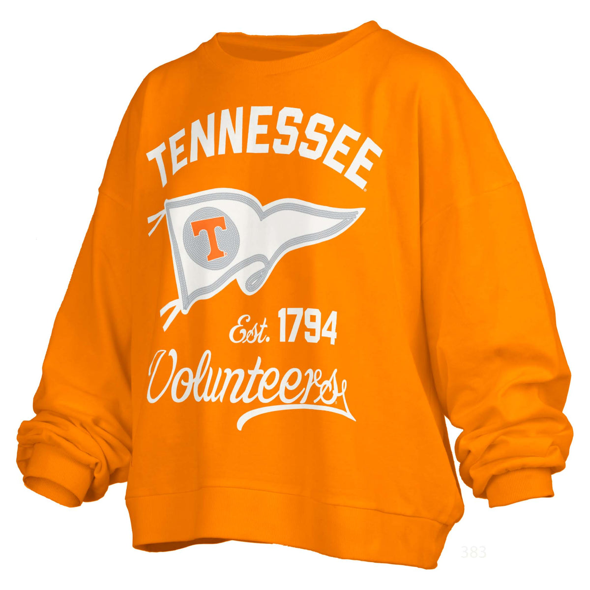 Bright orange Tennessee Volunteers crewneck sweatshirt with white pennant and “Tennessee Volunteers Est. 1794” text.