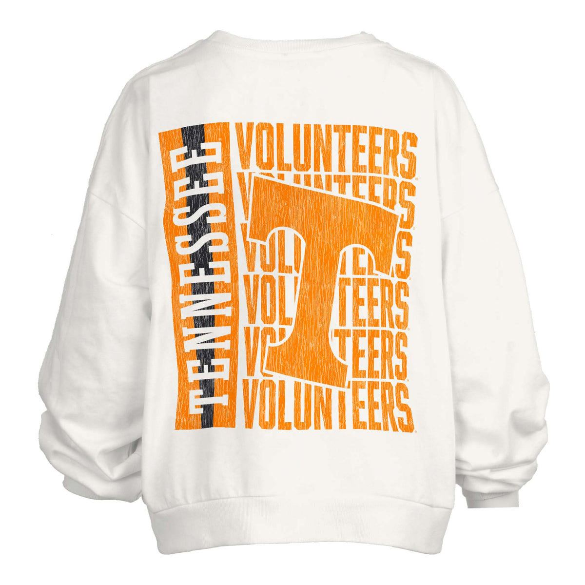Tennessee Volunteers white crewneck sweatshirt with large orange Power T logo and repeated Volunteers text on the back.