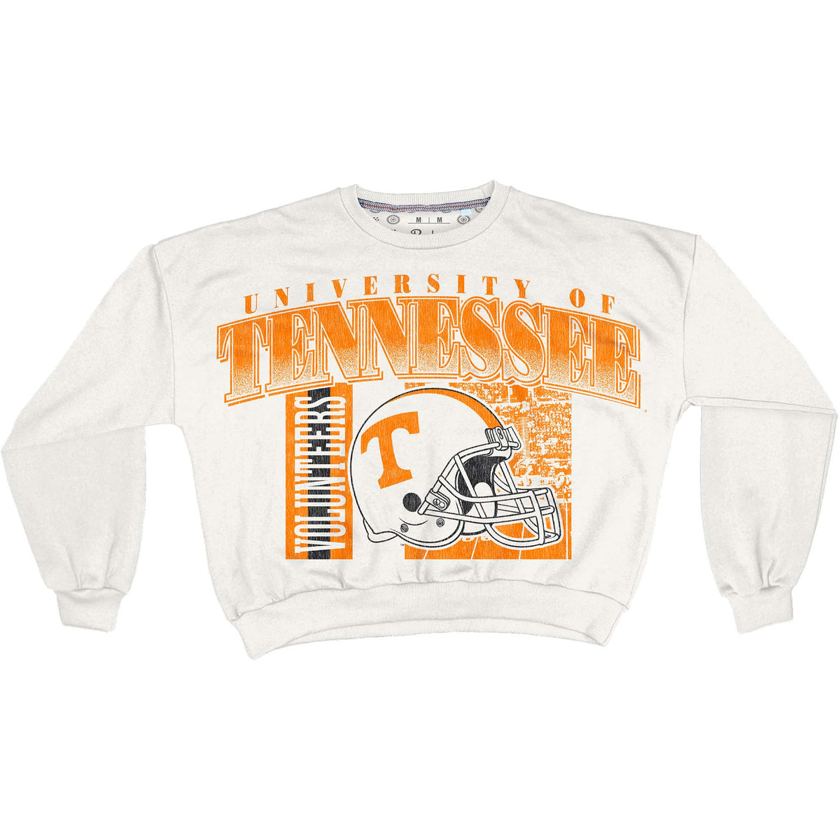 Tennessee Volunteers white crewneck sweatshirt with orange helmet graphic and bold Tennessee Volunteers lettering on the front.