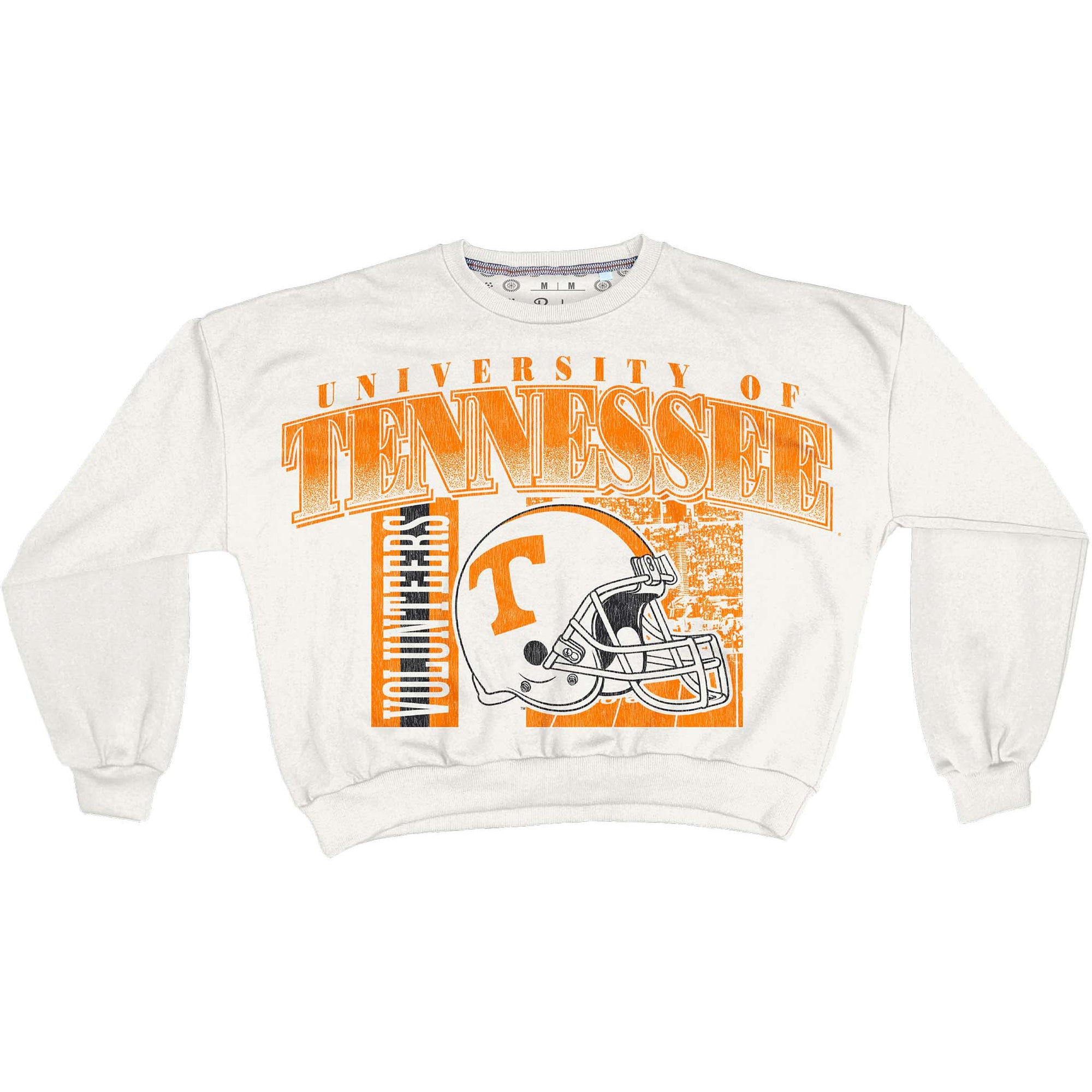 Tennessee Volunteers white crewneck sweatshirt with orange helmet graphic and bold Tennessee Volunteers lettering on the front.