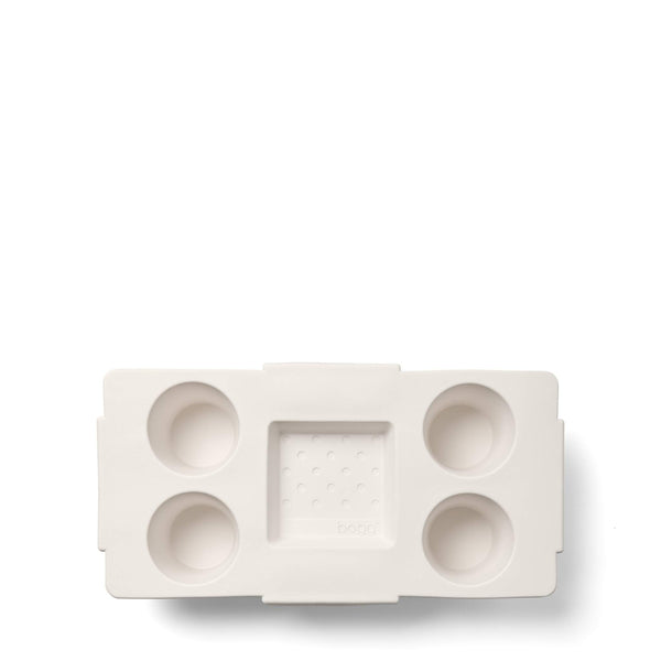 White plastic tray with multiple compartments shown on a white background
