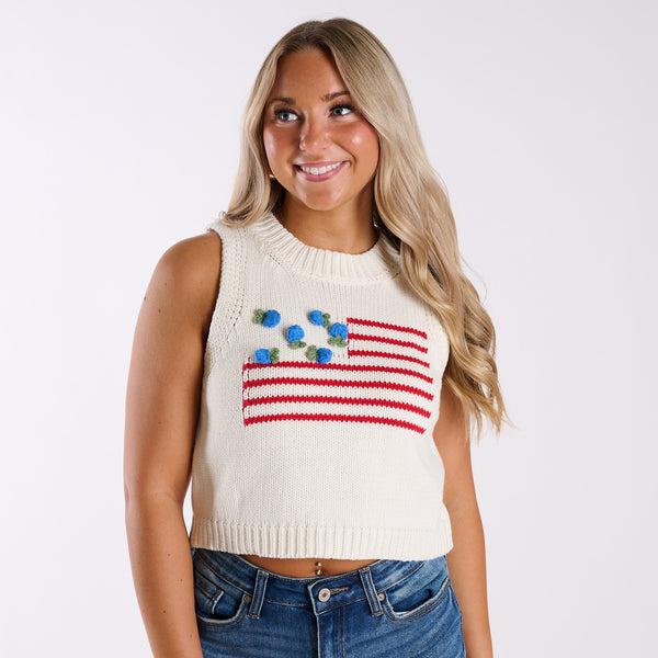 USA Flower Flag Sweater Tank in White