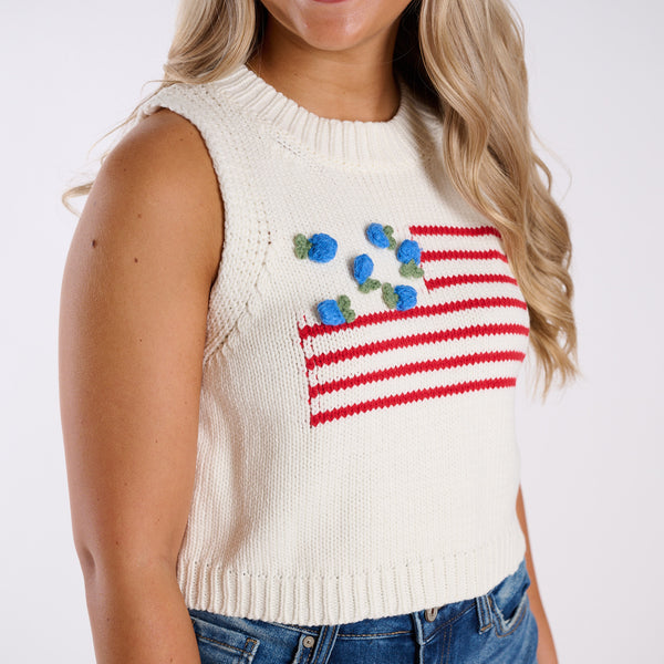 USA Flower Flag Sweater Tank in White