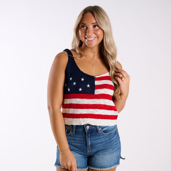 USA Flag Sweater Tank in Red, White, & Blue