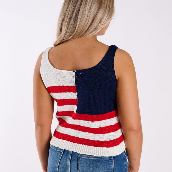 USA Flag Sweater Tank in Red, White, & Blue